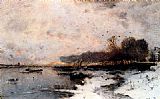 Famous River Paintings - A Winter River Landscape At Sunset